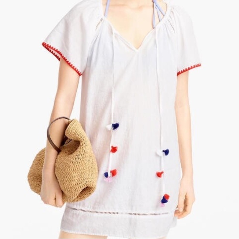 J. Crew White Tunic Linen Dress with Red and Blue Accents
